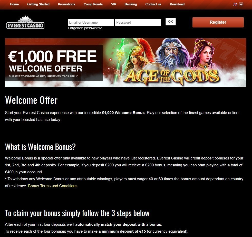 Welcome bonus Everest casino